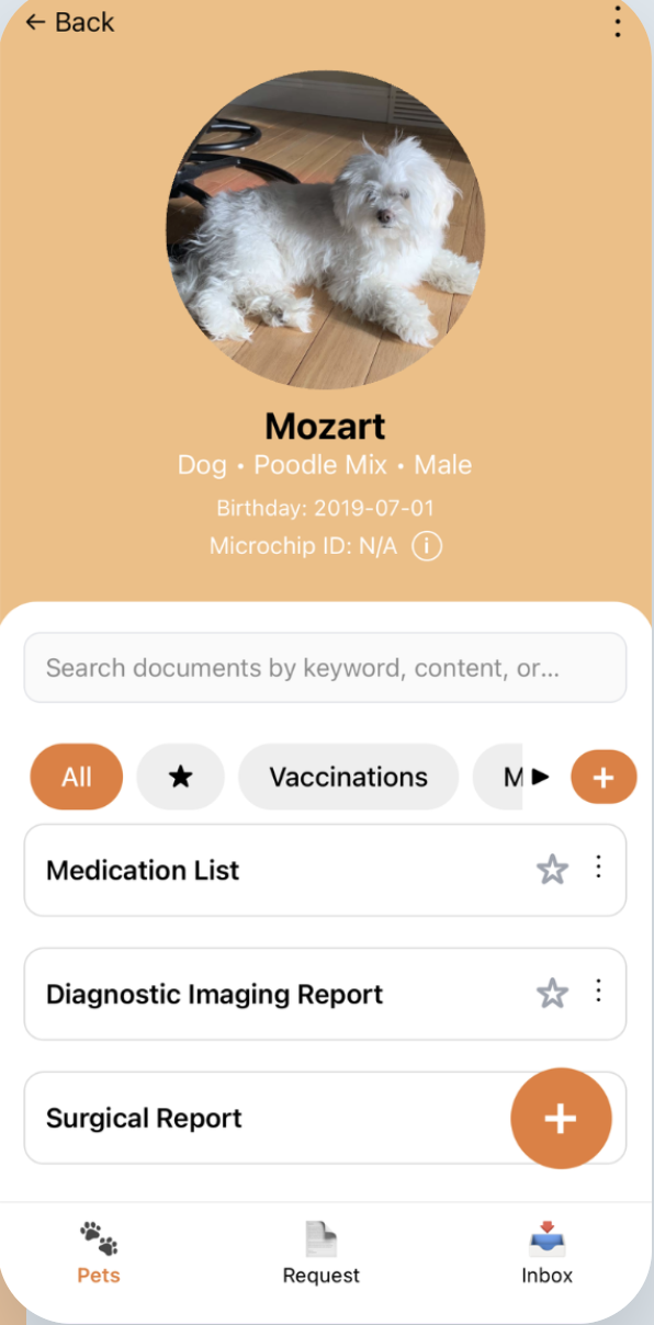 PetScription pet profile documents screen